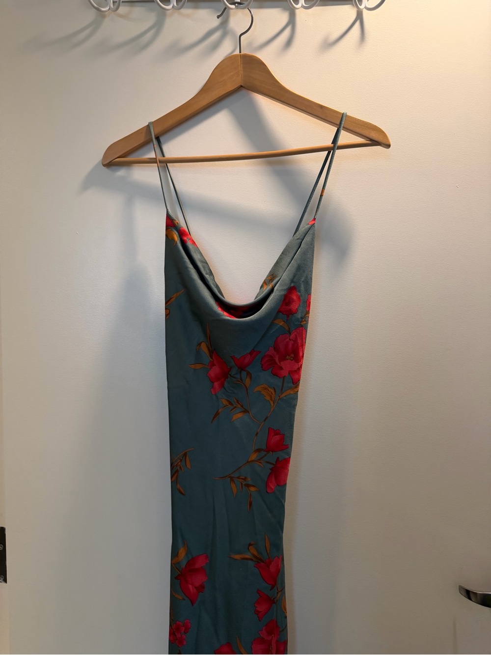 Astr Teal Slip Dress with Red Floral Accents